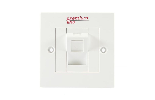 121111210 – Premium Line Euro II Faceplate, Right-angle, 45° Entry, 86*86, Snap-In, w/-Shutter, 1-Port, White