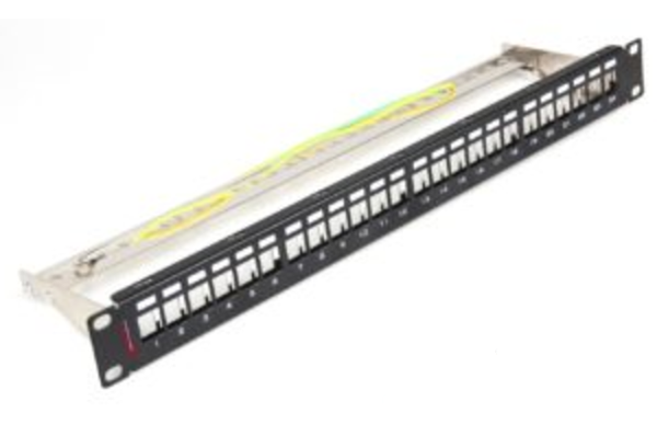 170242402 – High Density Shielded 24Port Unloaded Patch Panel for 180° shielded die-casting keystone jack (P/N 108524010, 109824010, 109524010, 106524010, 105524010), 1U, with Cable Management